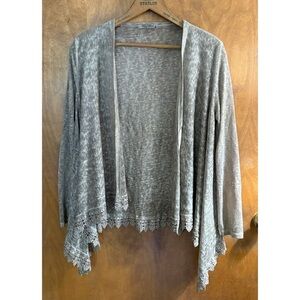 Elena Baldi Tan Sheer Open Knit Cardigan Sweater Floral Crochet Lace Trim Italy